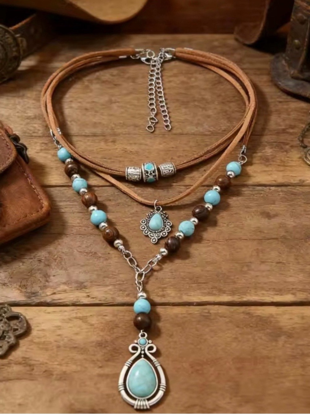 Boho ✨ Western Multi-Layer Turquoise Faux
Leather Cord Pendant Necklace 🆕
~NEW~